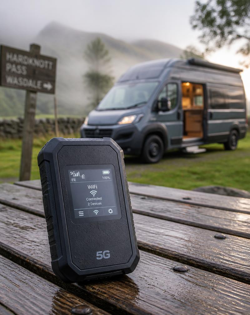 Portable 5G WiFi router on a picnic table beside a campervan in the UK countryside